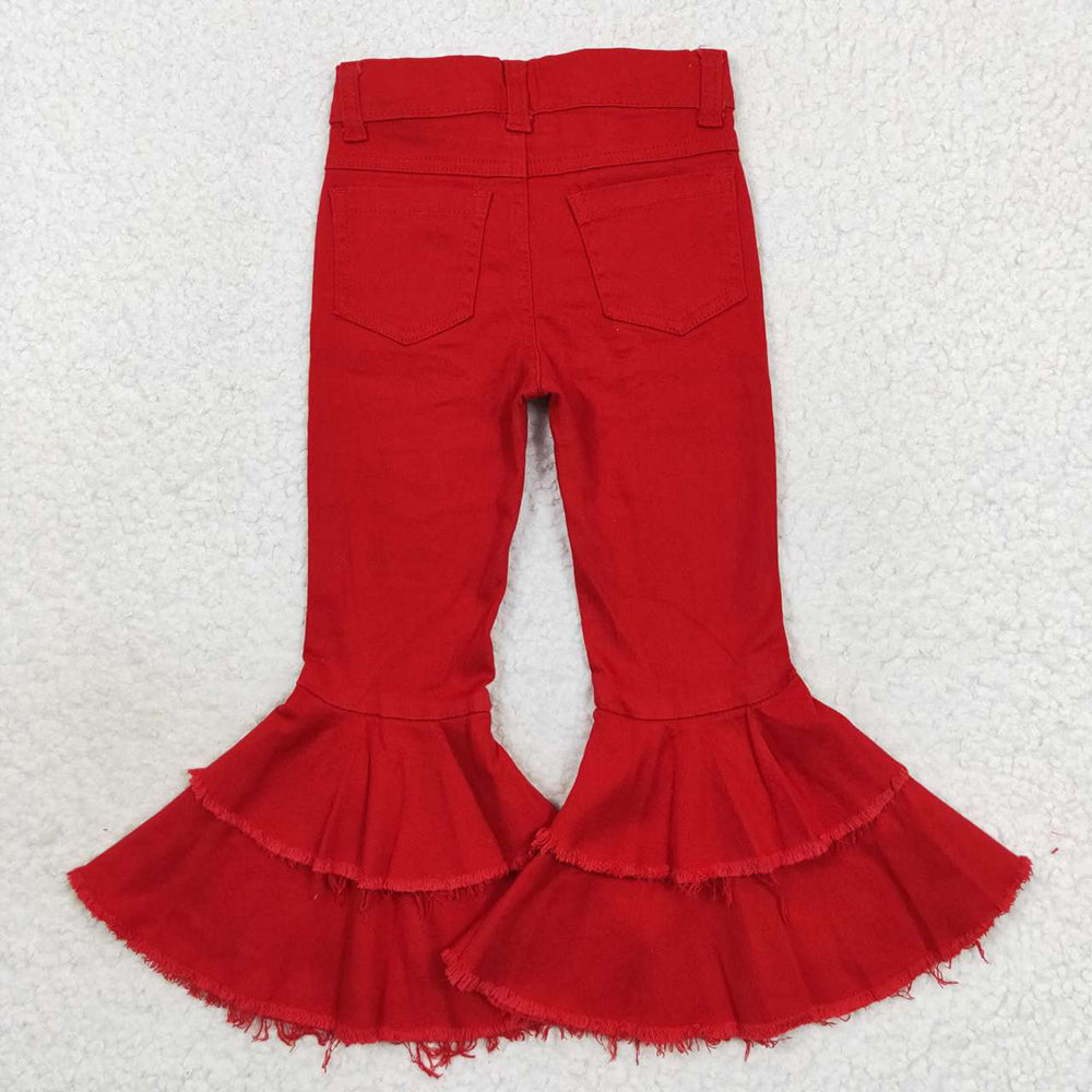 Baby Girls Red Distressed Denim Double Ruffle Bell Pants