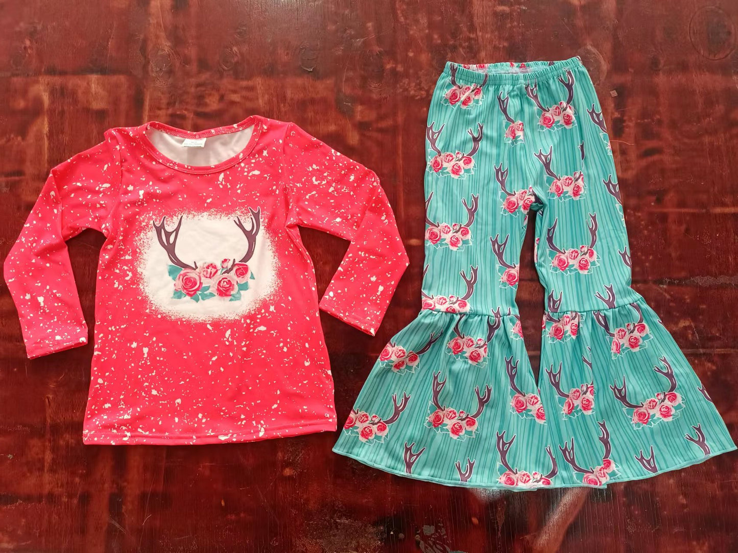 Baby Girls Toddler Pink Deer Flowers Tee Shirts Top Bell Pants Clothing Sets preorder(moq 5)