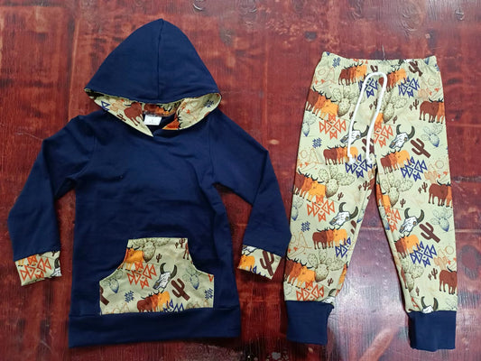 Baby Boys Toddler Western Cows Hooded Tops Pants Clothes Outfits Sets preorder(moq 5)