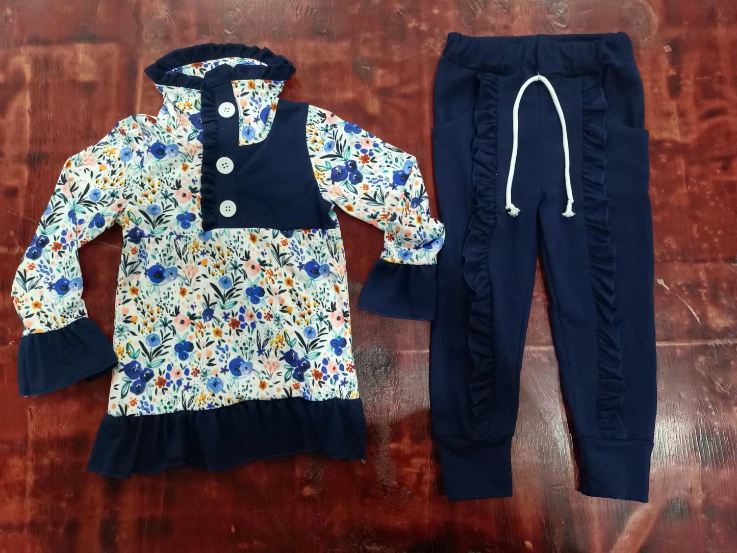Baby Girls Toddler Navy Floral Spring Ruffle Top Pants Boutique Outfits Sets preorder(moq 5)