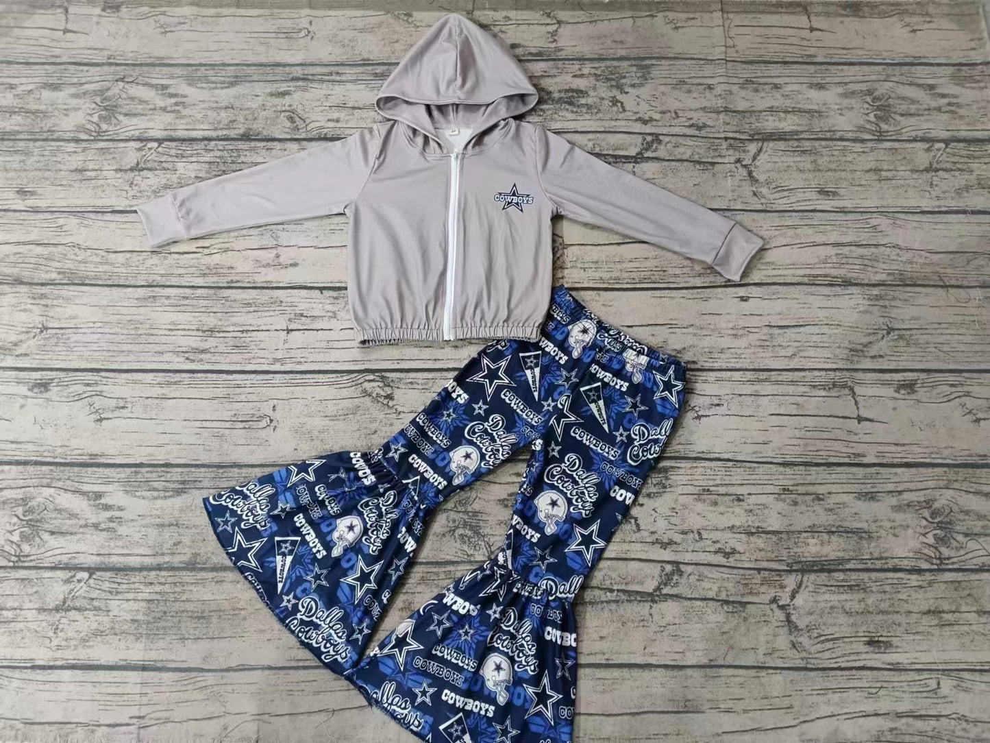 Baby Girls Toddler Team Cowboy Hooded Long Sleeve Tops Bell Pants Clothes Sets preorder(moq 5)