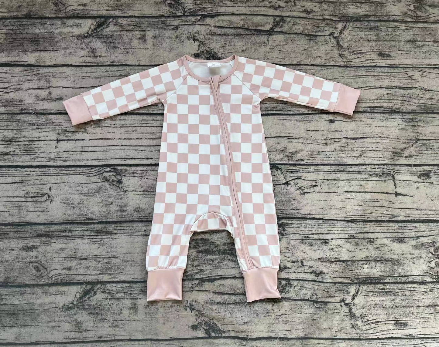 Baby Infant Girls Khaki Checkered Long Sleeve Zip Sleepers Rompers