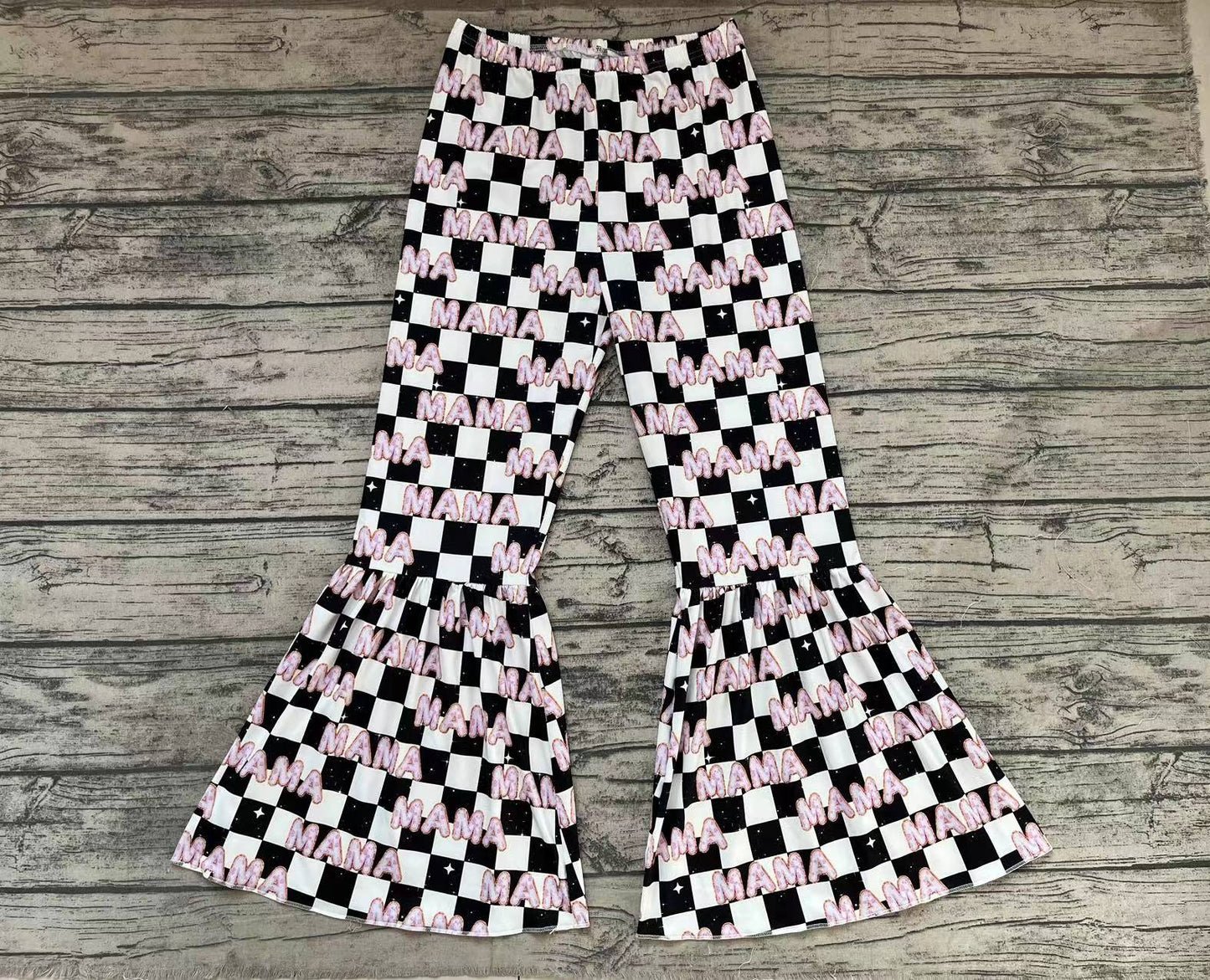 Adult Women Black Checkered Mama Bell Flare Bottom Pants