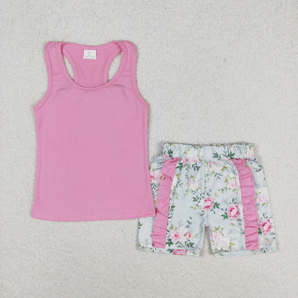Baby Girls Pink Vest Bows Top Ruffle Floral Shorts Clothes Sets