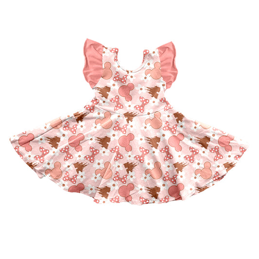 Baby Girls Pink Cartoon Castle Bows Flutter Sleeve Twirl Dresses preorder(moq 5)