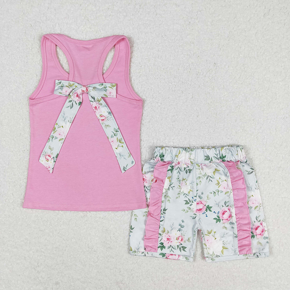 Baby Girls Pink Vest Bows Top Ruffle Floral Shorts Clothes Sets