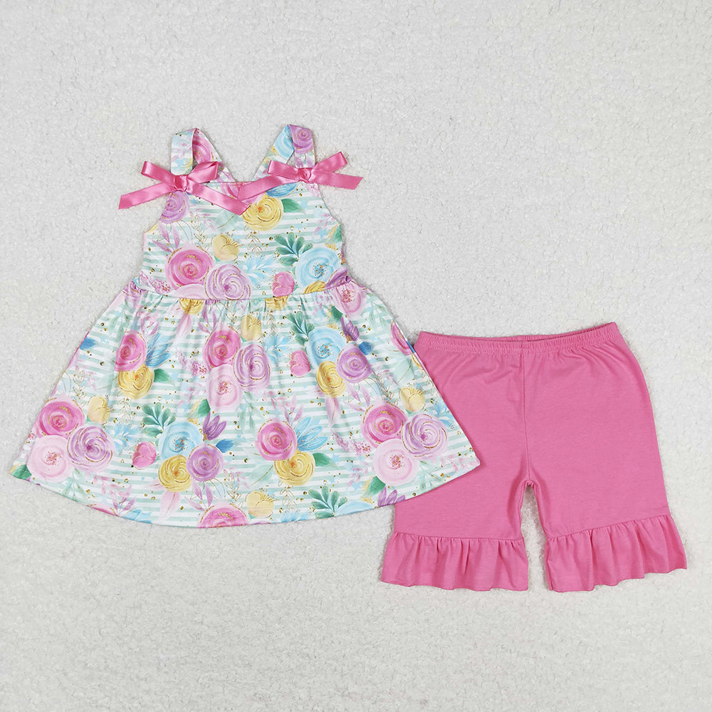 Baby Girls Green Stripes Flowers Bows Tunic Ruffle Shorts Clothes Sets