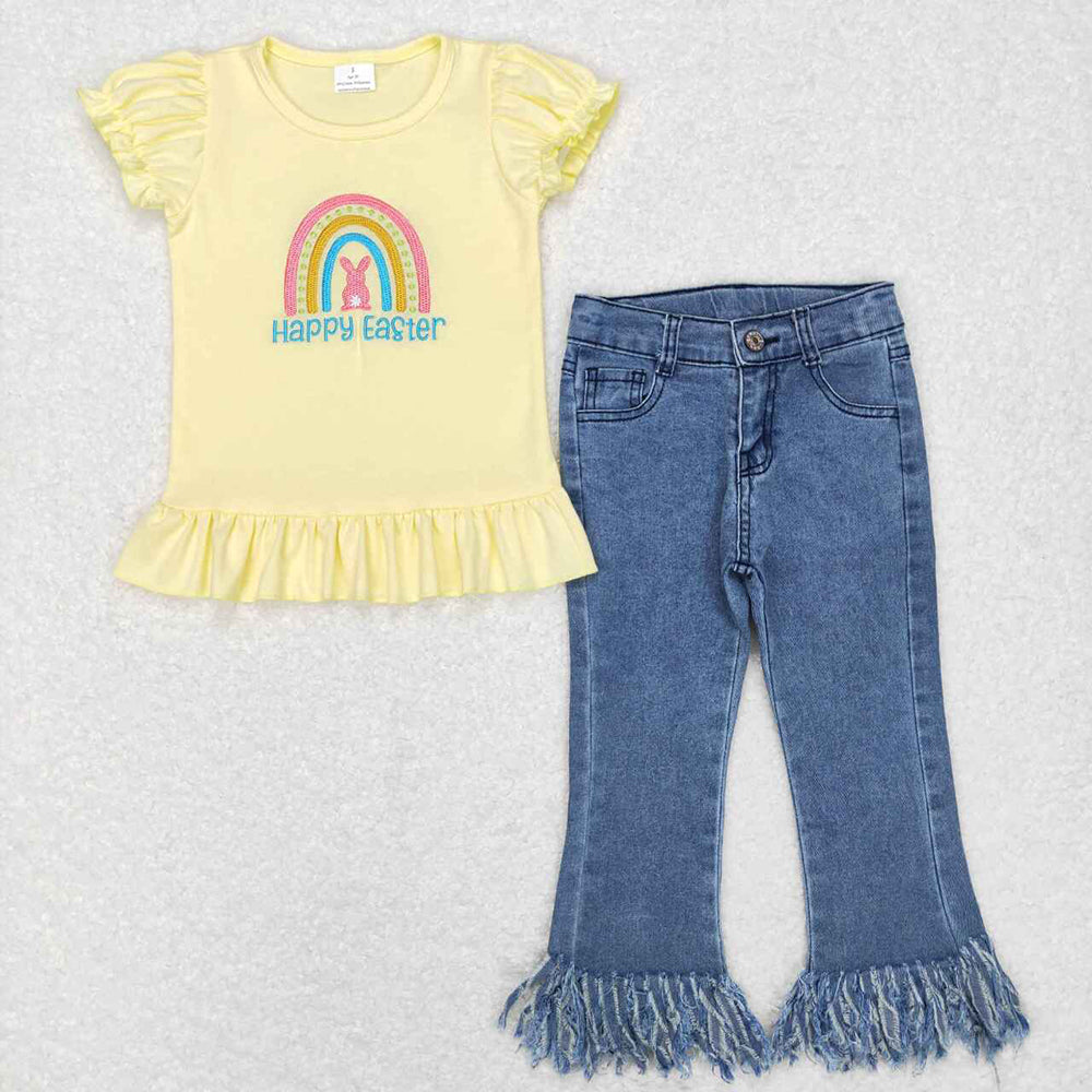 Baby Girls Easter Rainbow Shirts Toddler Denim Tassel Pants Clothes Sets