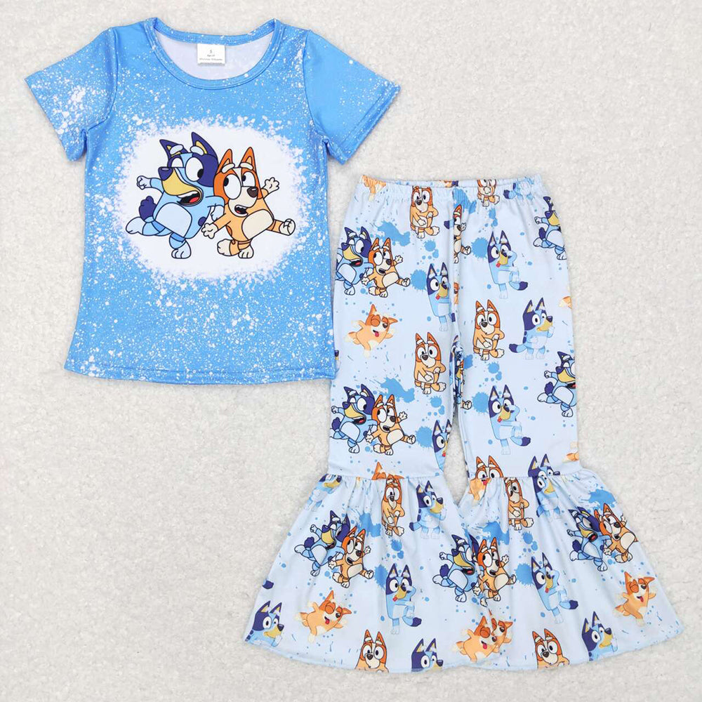 Baby Girls Blue Dog Short Sleeve Shirt Top Flare Pants Clothes Sets