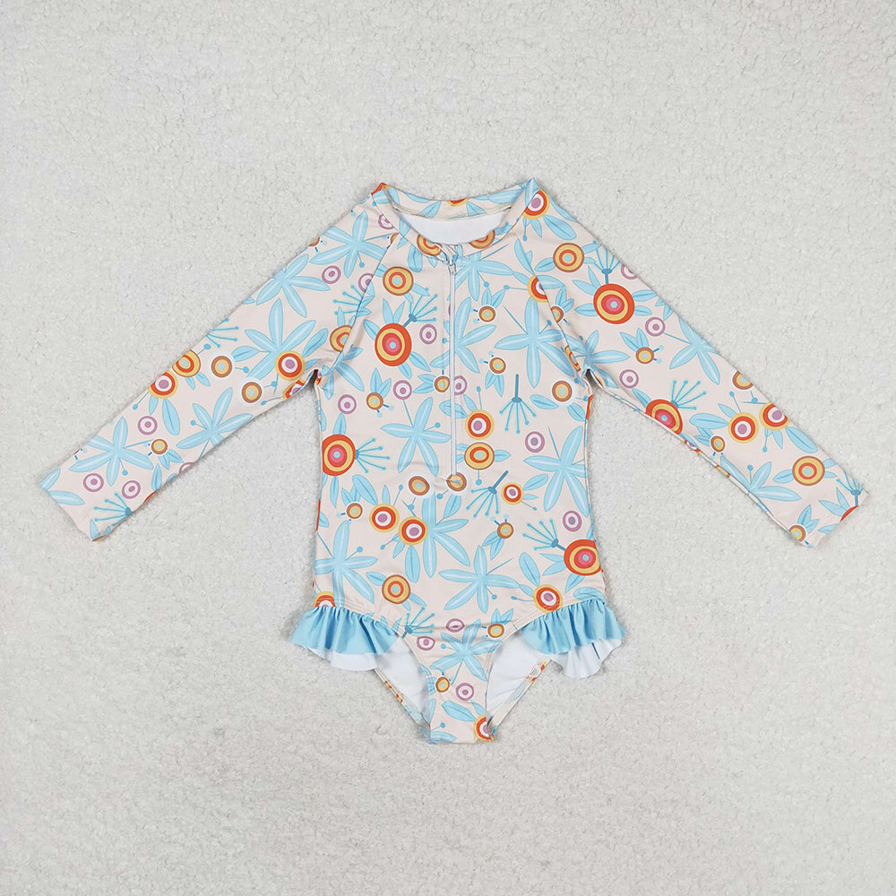 Baby Girls Blue Leaves Flowers Long Sleeve Zip Swimsuits