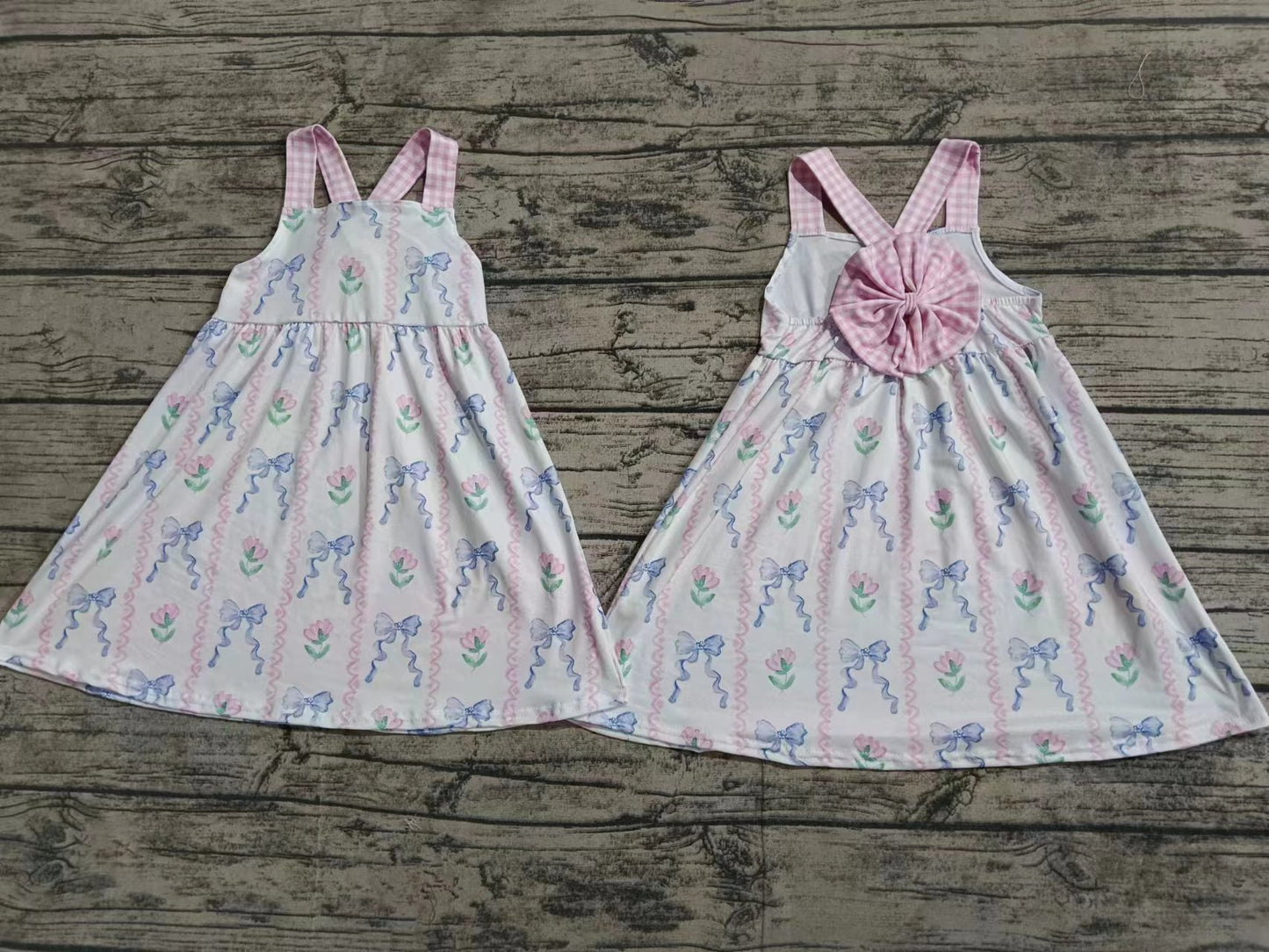 Baby Girls Pink Bows Flowers Straps Knee Length Dresses Preorder(moq 5)