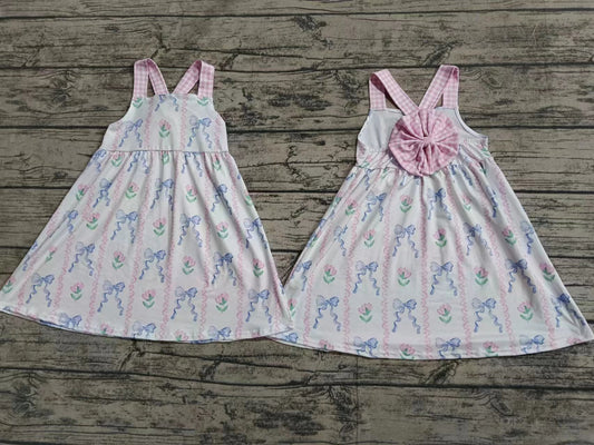 Baby Girls Pink Bows Flowers Straps Knee Length Dresses Preorder(moq 5)