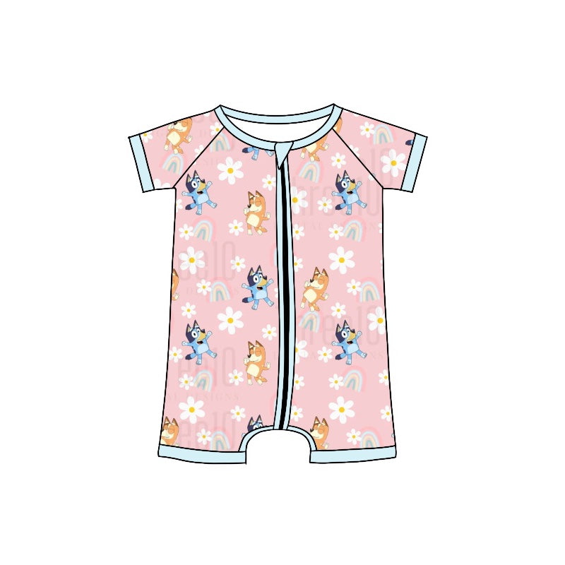 Baby Toddler Girls Dogs Flowers Short Sleeve Rompers preorder(moq 5)