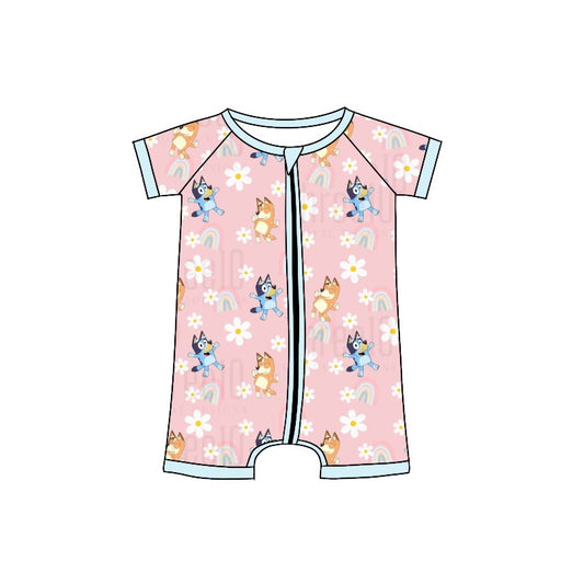 Baby Toddler Girls Dogs Flowers Short Sleeve Rompers preorder(moq 5)