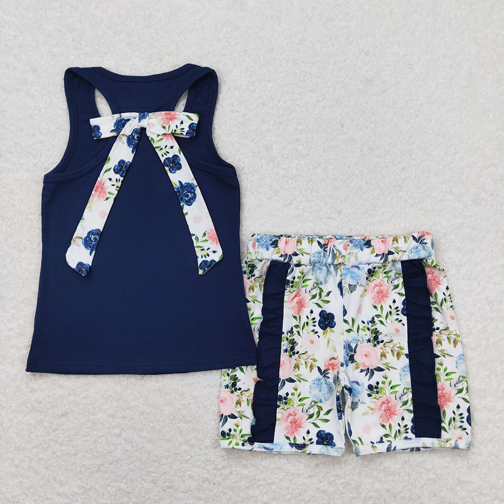 Baby Girls Navy Vest Bows Top Ruffle Floral Shorts Clothes Sets