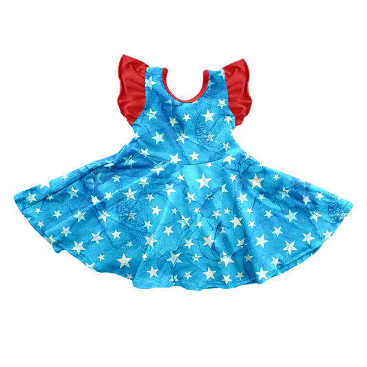 Baby Girls Blue Stars 4th Of July Flutter Sleeve Twirl Dresses preorder(moq 5)