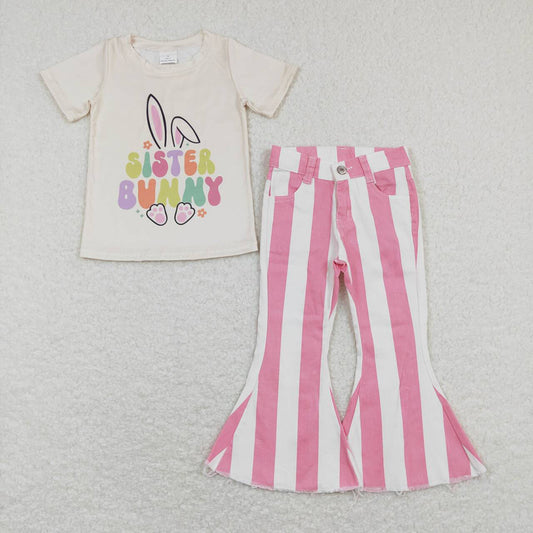 Baby Girls Sister Bunny Easter Shirts Toddler Denim Pink Stripes Flare Pants Clothes Sets