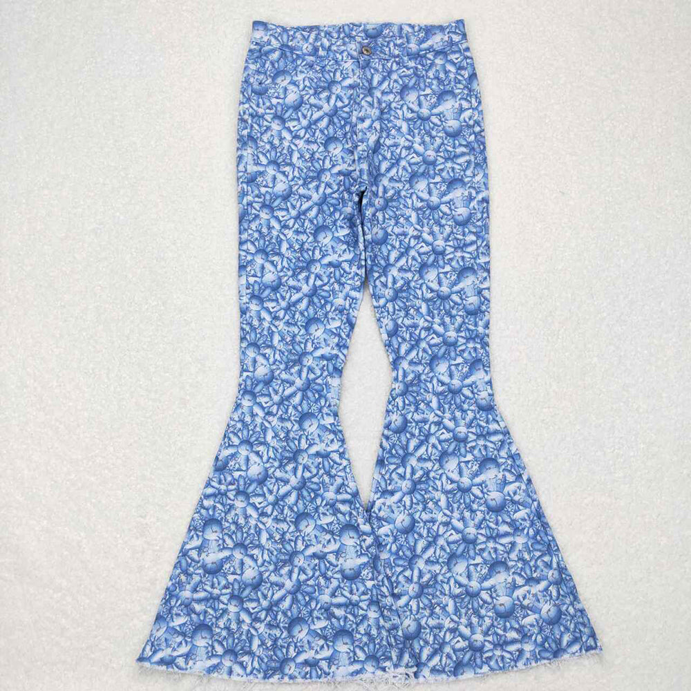 Adult Women Blue Floral Denim Bell Pants Jeans