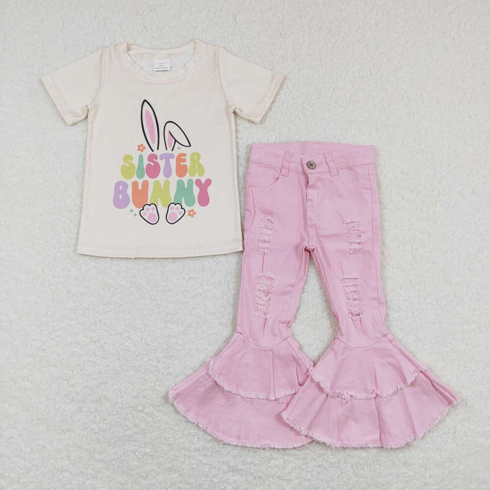 Baby Girls Sister Bunny Easter Shirts Toddler Denim Pink Flare Pants Clothes Sets