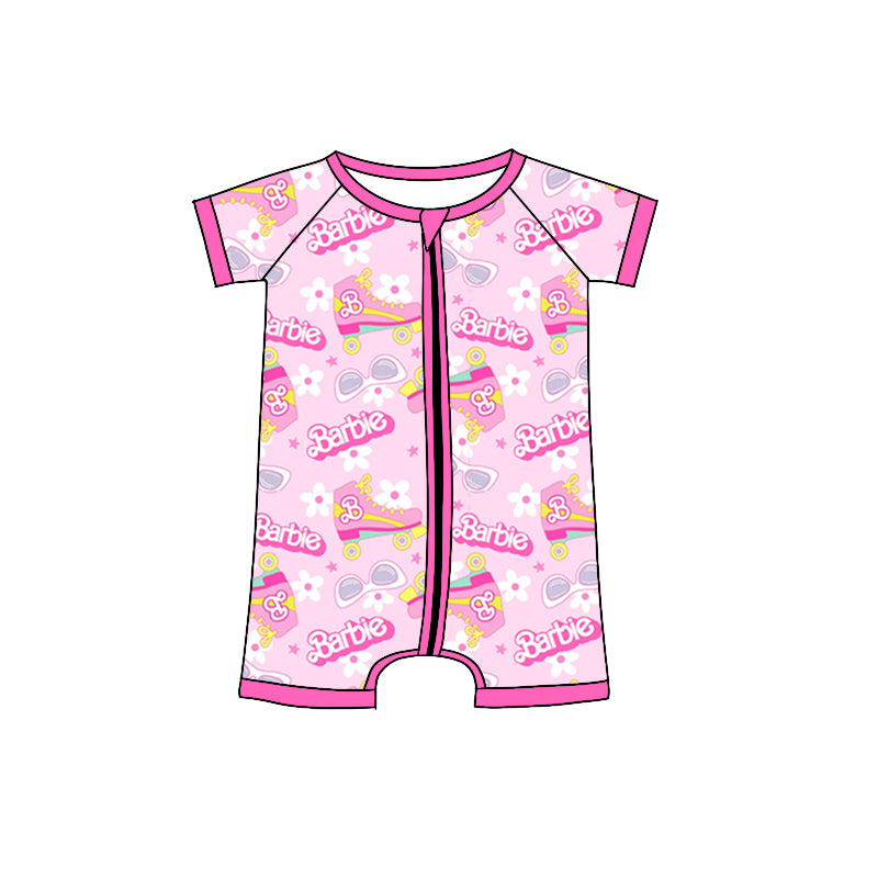 Baby Toddler Girls Pink Doll Skater Short Sleeve Zip Rompers preorder(moq 5)