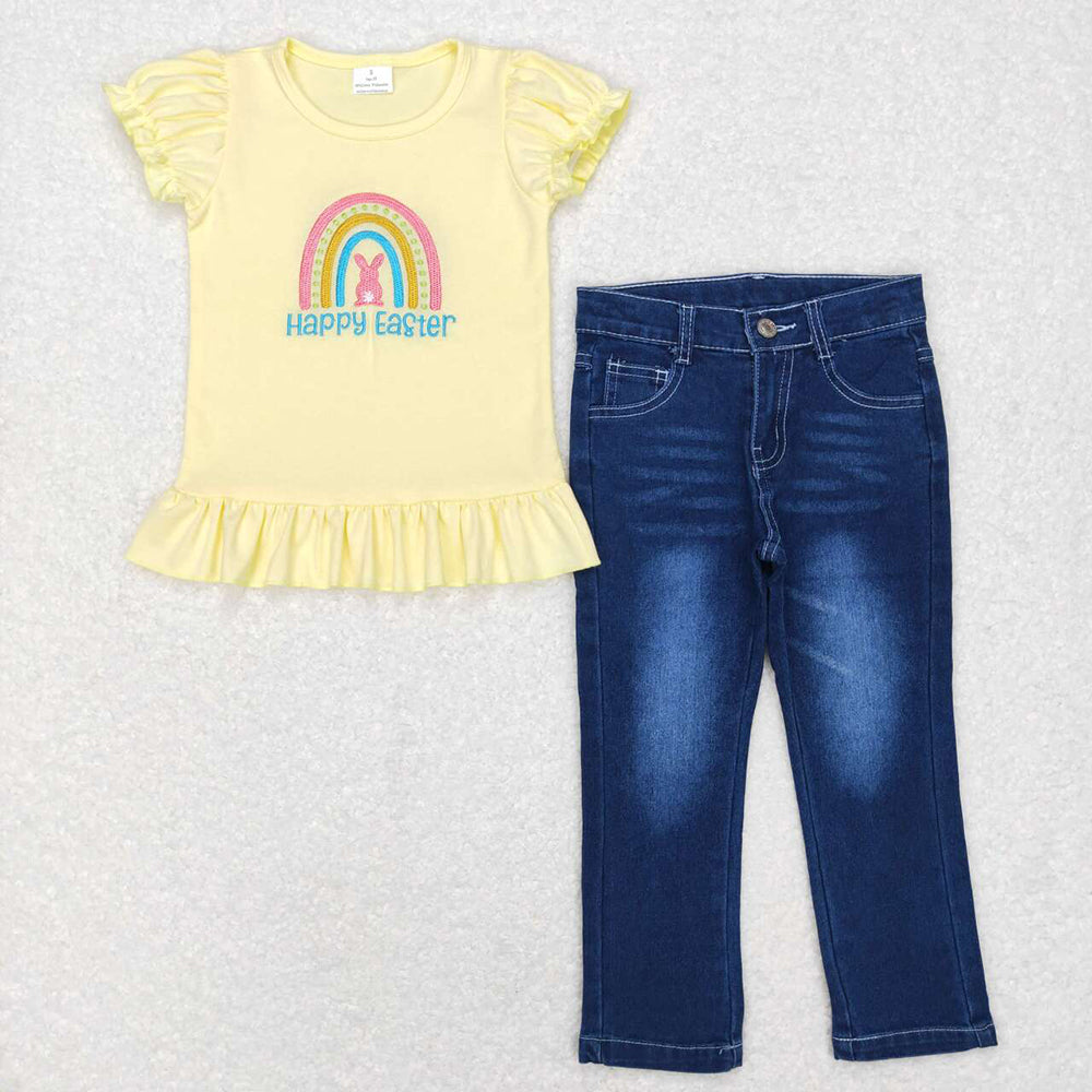 Baby Girls Easter Rainbow Shirts Toddler Denim Pants Clothes Sets