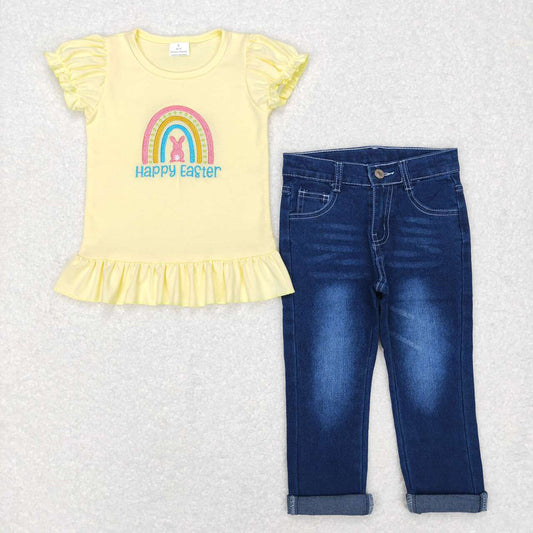 Baby Girls Easter Rainbow Shirts Toddler Denim Pants Clothes Sets