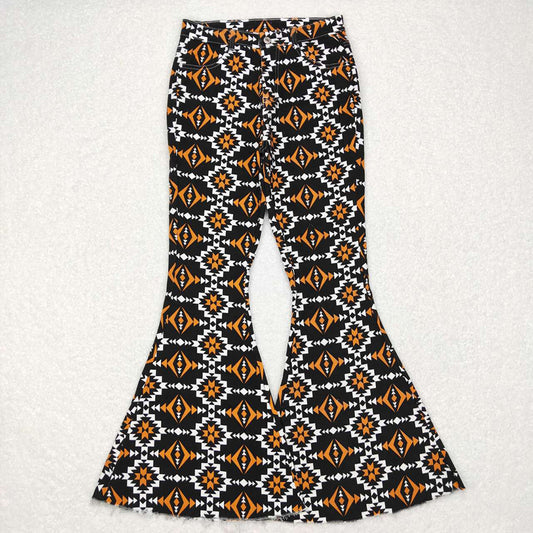 Adult Women Orange Black Aztec Denim Bell Pants Jeans