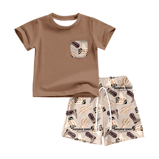 Baby Boys Western Brown Cow Tags Shirt Shorts Outfits Sets preorder(moq 5)