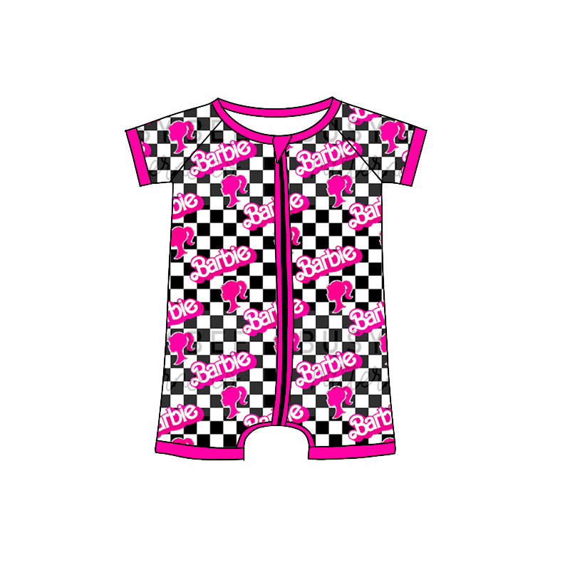 Baby Toddler Girls Black Chcekered Doll Short Sleeve Zip Rompers preorder(moq 5)