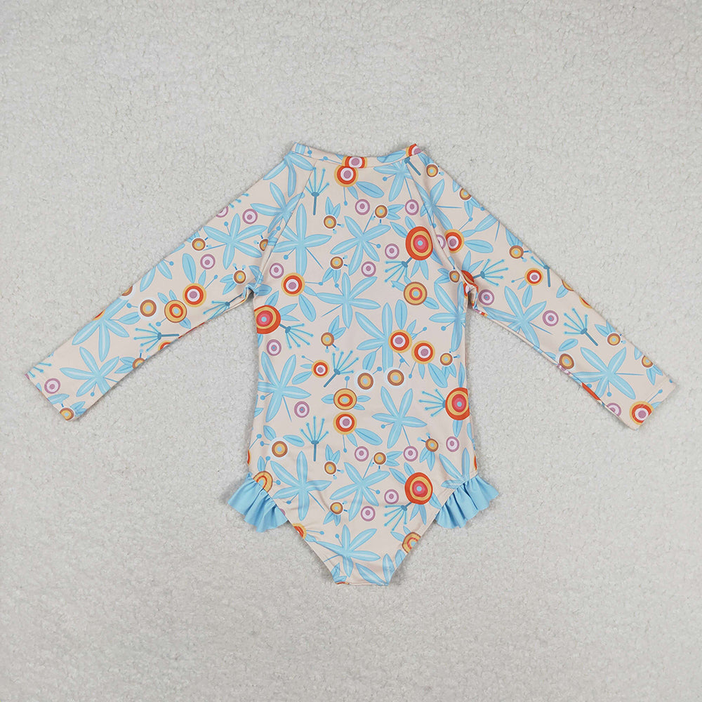 Baby Girls Blue Leaves Flowers Long Sleeve Zip Swimsuits