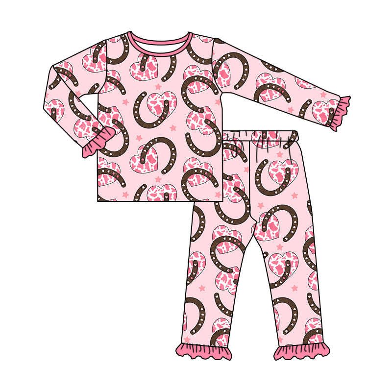 Baby Girls Valentines Horse Shoes Hearts Tops Western Pants Pajamas Clothes Sets preorder(moq 5)