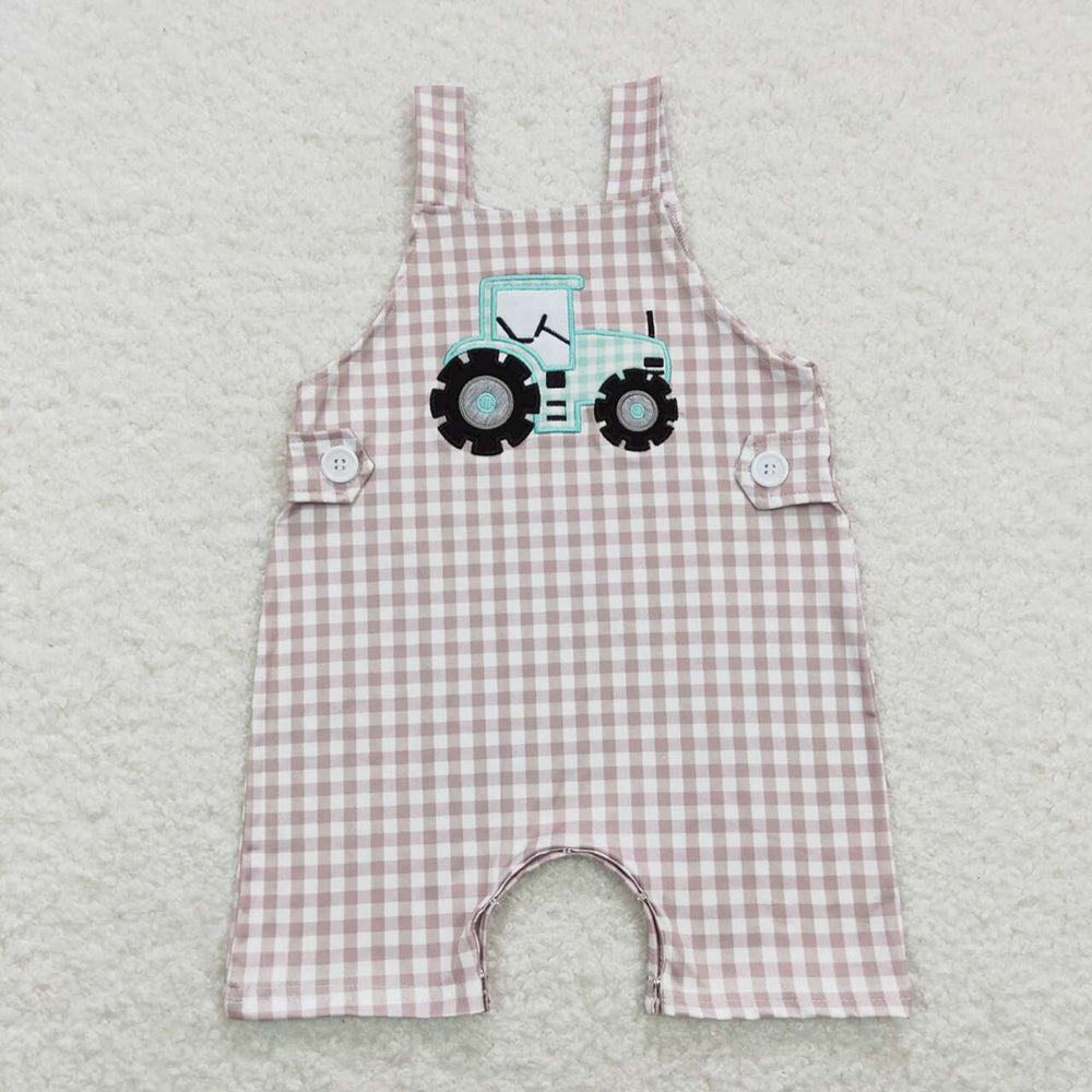 Baby Infant Boys Straps Tractor Khaki Chekered Summer Farm Rompers