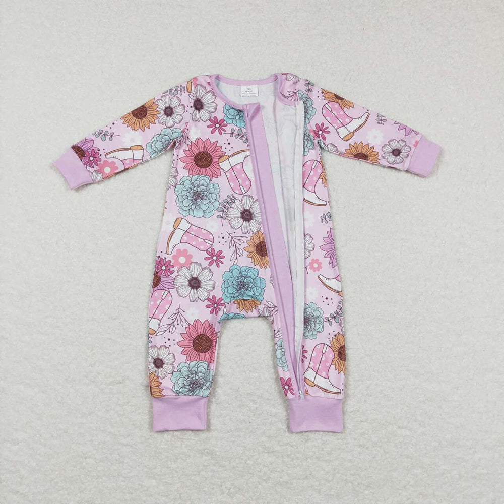 Baby Girls Pink Flowers Boots Western Long Sleeve Zip Rompers