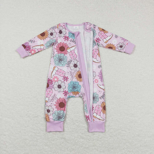 Baby Girls Pink Flowers Boots Western Long Sleeve Zip Rompers