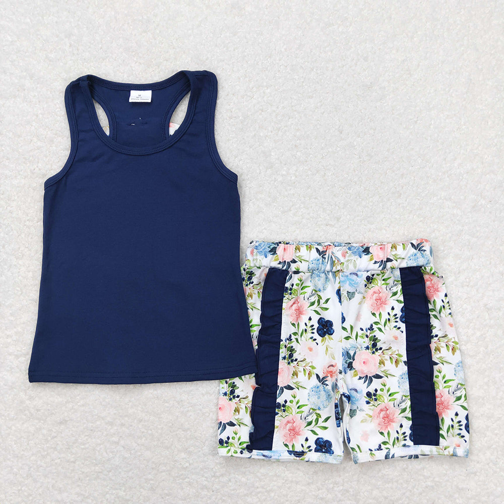 Baby Girls Navy Vest Bows Top Ruffle Floral Shorts Clothes Sets