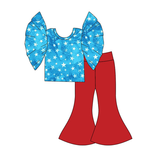 Baby Girls 4th Of July Stars Flutter Tops Pants Clothes Sets preorder(moq 5)