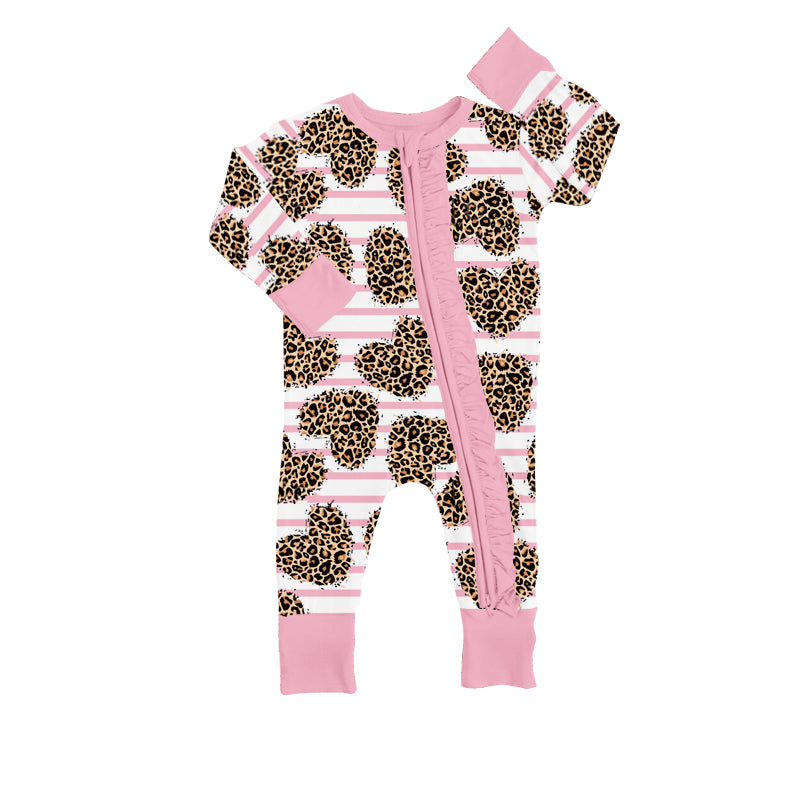 Baby Toddler Girls Valenitnes Hearts Leopard Zip Rompers preorder(moq 5)