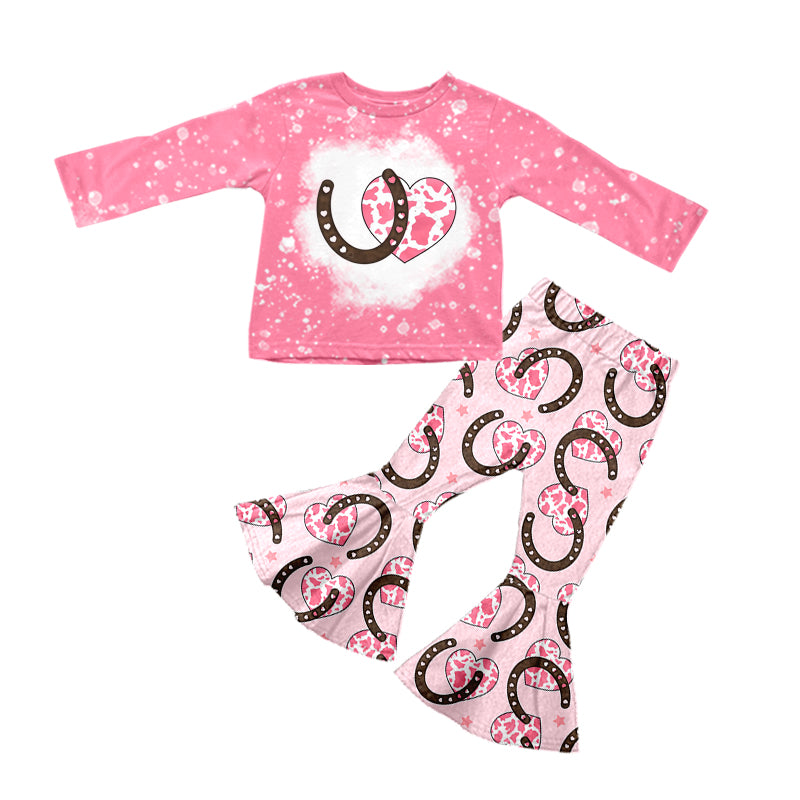 Baby Girls Long Sleeve Horse Shoes Hearts Tops Flare Western Pants Clothes Sets preorder(moq 5)