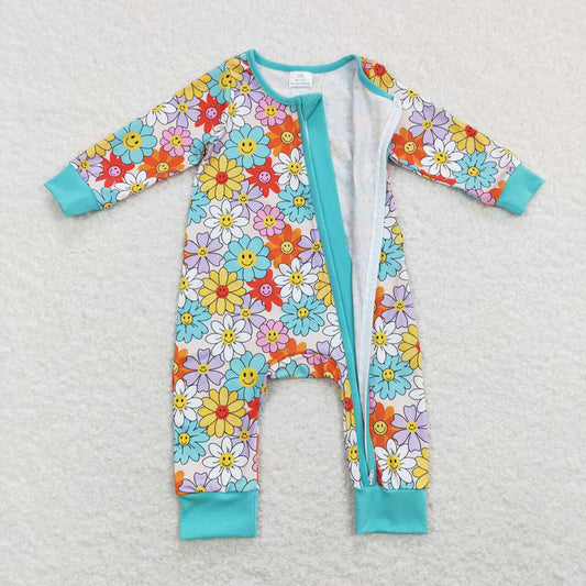 Baby Girls Spring Blue Flowers Zip Rompers