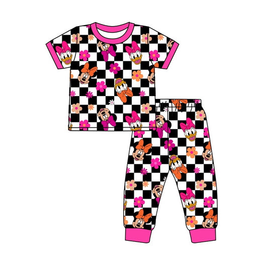 Baby Girls Short Sleeve Black Checkered Mouse Tops Pants Pajamas Clothes Outfits Sets preorder(moq 5)