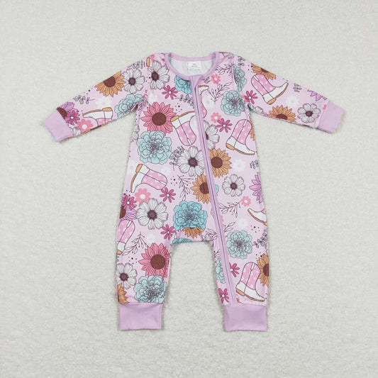 Baby Girls Pink Flowers Boots Western Long Sleeve Zip Rompers