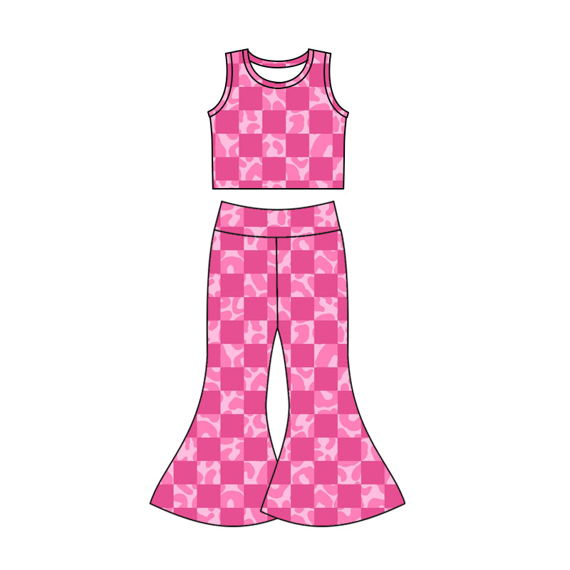 Baby Girls Pink Checkered Hearts Sleeveless Tops Bell Pants Clothes Sets preorder(moq 5)