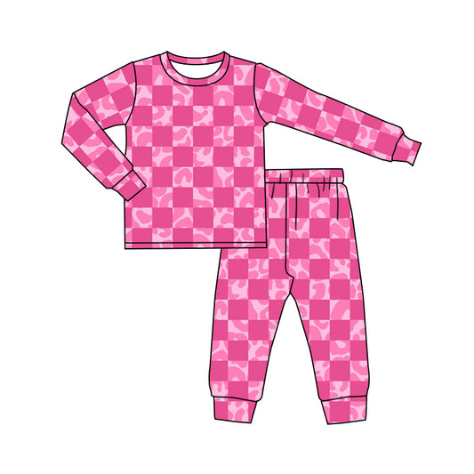 Baby Girls Pink Checkered Hearts Tops Pants Pajamas Clothes Sets preorder(moq 5)