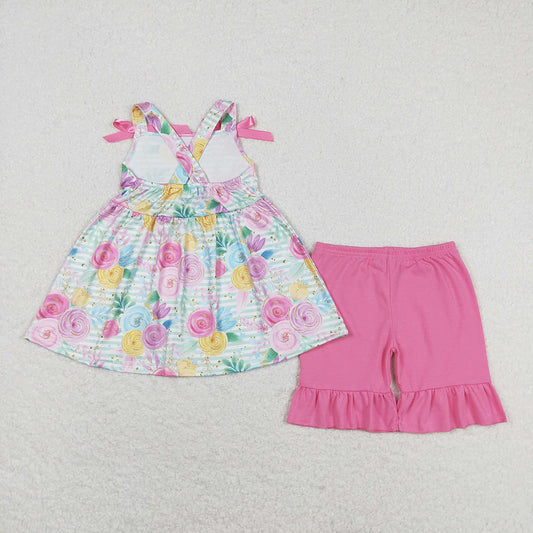 Baby Girls Green Stripes Flowers Bows Tunic Ruffle Shorts Clothes Sets