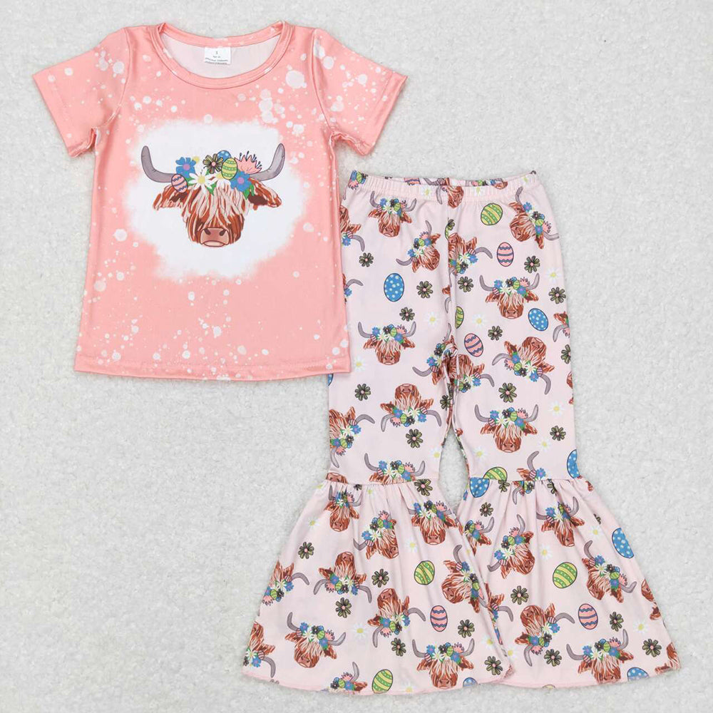 Baby Girls Easter Highland Cow Eggs Top Bell Pants Clothing Sets