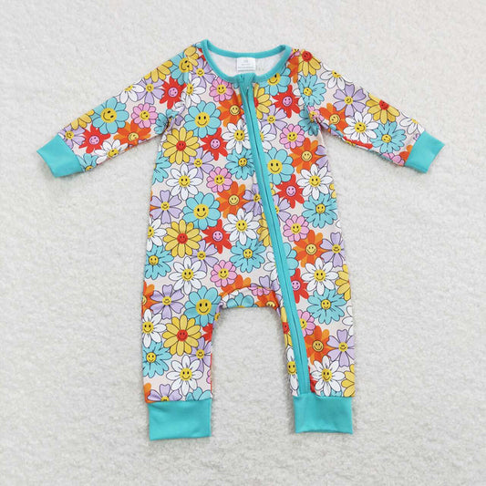 Baby Girls Spring Blue Flowers Zip Rompers