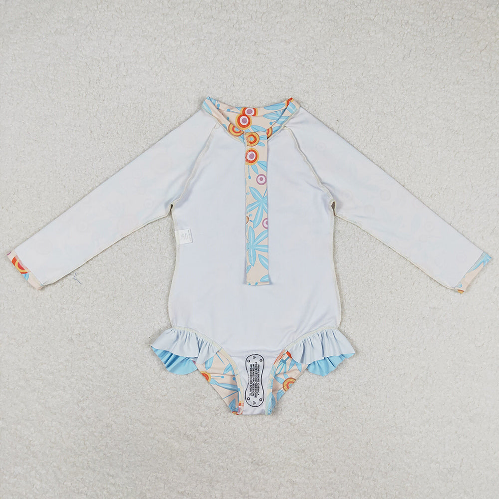 Baby Girls Blue Leaves Flowers Long Sleeve Zip Swimsuits