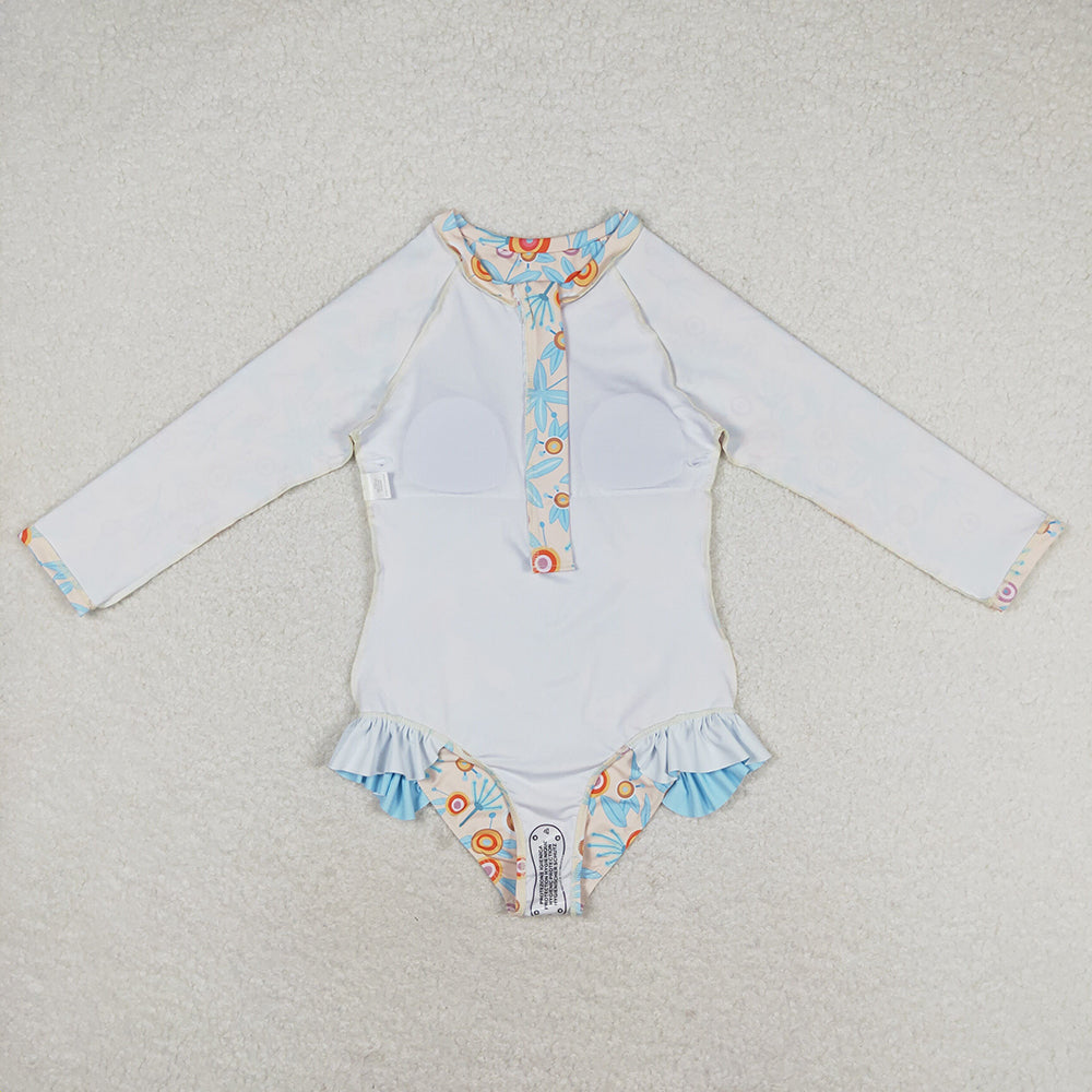 Baby Girls Blue Leaves Flowers Long Sleeve Zip Swimsuits