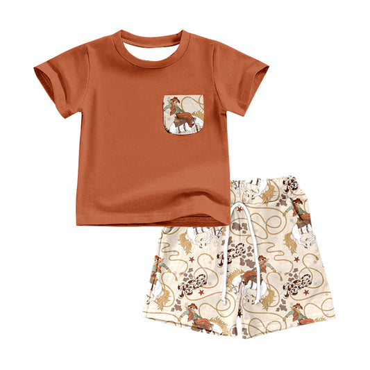 Baby Boys Western Brown Rodeo Shirt Shorts Outfits Sets preorder(moq 5)