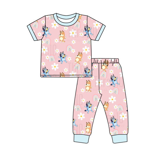 Baby Girls Short Sleeve Dog Flowers Tops Pants Pajamas Clothes Outfits Sets preorder(moq 5)